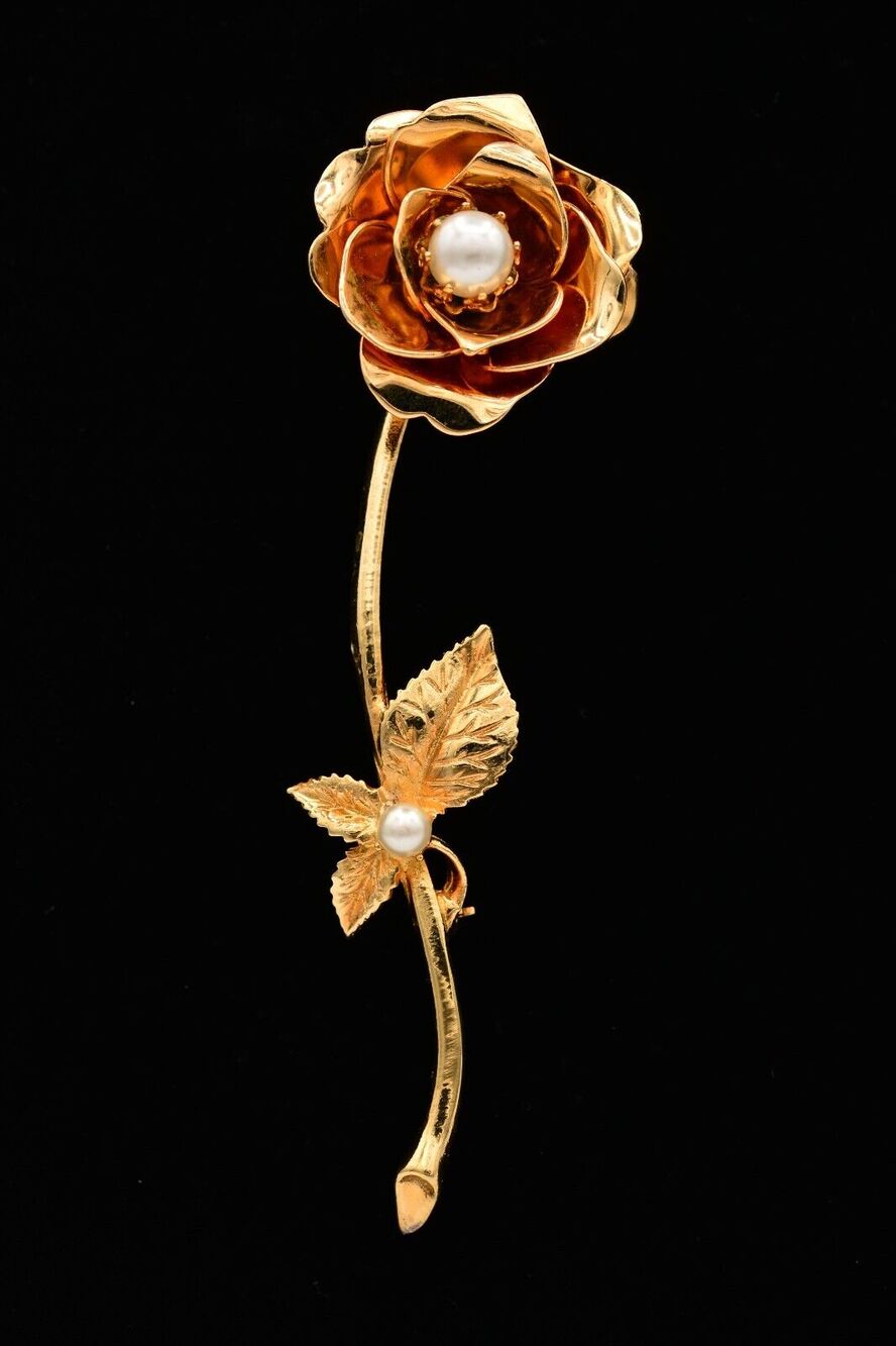 Vintage Rose Flower Pin Brooch Long Stem Prong Pearl Gold Heavy Large BinAH